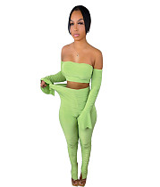 Ruched Off Shoulder Flare Long Sleeve Crop Top Pants Set ANDI-1322