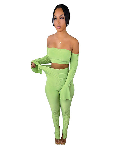 Ruched Off Shoulder Flare Long Sleeve Crop Top Pants Set ANDI-1322