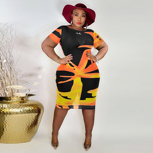 Plus Size Short Sleeve Mesh Sheer Bodycon Dresses JLY-19310