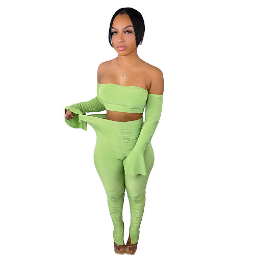 Ruched Off Shoulder Flare Long Sleeve Crop Top Pants Set ANDI-1322