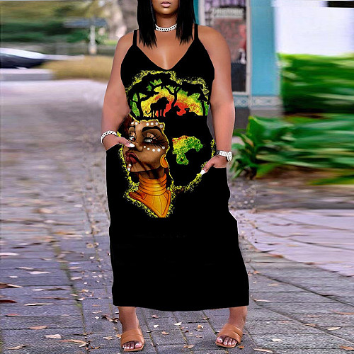 Printed V Neck Sleeveless Loose Pocket Maxi Dresses NY-2359
