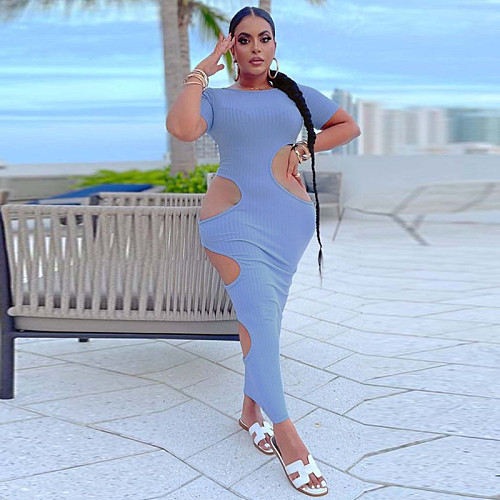 Sleeveless O Neck Solid Hollow Out Plus Size Dresses OSS-22199