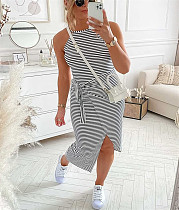 Stripe Sleeveless Lace-Up Irregular Slit Dress OYW-20642
