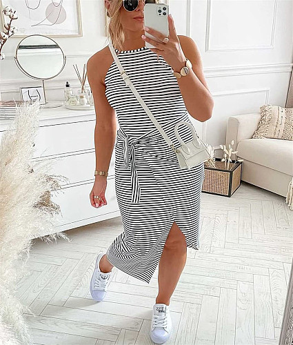 Stripe Sleeveless Lace-Up Irregular Slit Dress OYW-20642