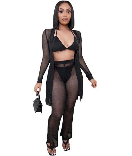 Sheer Mesh Cardigan+Bra Top+Panties+Pants 4 Piece Sets LSL-6430