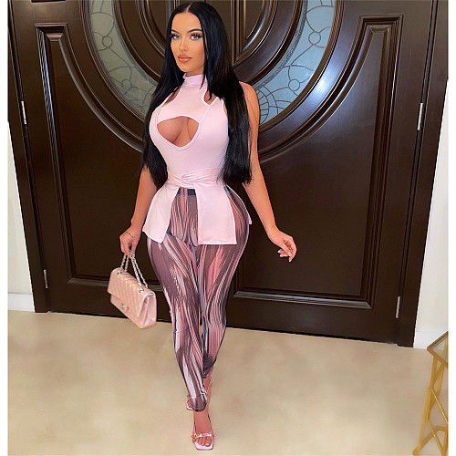 Hollow Out Lace Up Irregular Top Print Pencil Pants Set ASL-6560