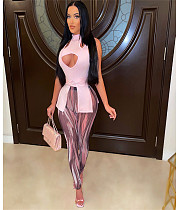 Hollow Out Lace Up Irregular Top Print Pencil Pants Set ASL-6560