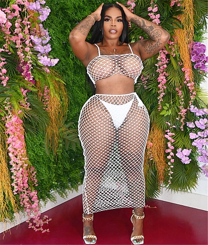 Solid Grid Mesh See Through Spaghetti Strap Crop Top+Long Skirts+Underpants 3 Piece Bikini Set WSM-5251
