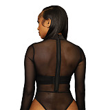Long Sleeve O Neck Bodycon Black Mesh Bodysuit DY-6929
