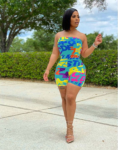 Letter Print Strapless Club Bodycon Romper LM-8313