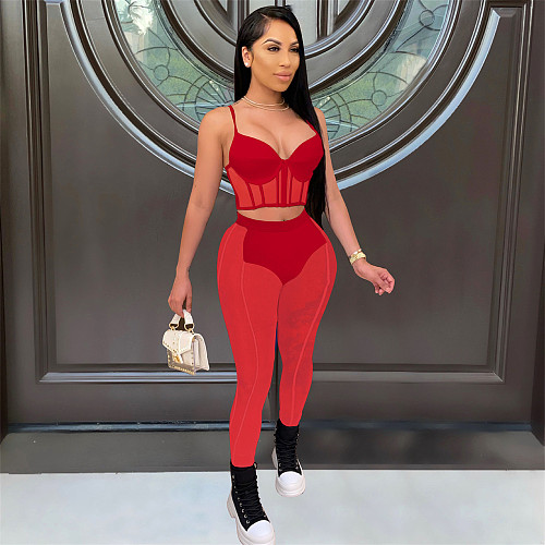 Sheer Mesh Patchwork Crop Top Leggings 2 PCS FOS-8210