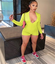 XS Solid Knitted Low Cut Long Sleeve Bodycon Romper GS-00002