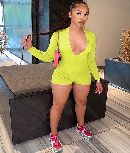 XS Solid Knitted Low Cut Long Sleeve Bodycon Romper GS-00002