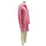 Long Sleeve Drawstring Ruched Button Shirt Dress HANI-078