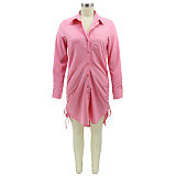 Long Sleeve Drawstring Ruched Button Shirt Dress HANI-078