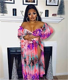 Print Off Shoulder Crop Tops+High Slit Maxi Skirts Set CN-353