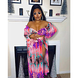 Print Off Shoulder Crop Tops+High Slit Maxi Skirts Set CN-353