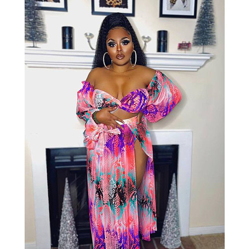 Print Off Shoulder Crop Tops+High Slit Maxi Skirts Set CN-353
