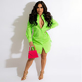 Long Sleeve Drawstring Ruched Button Shirt Dress HANI-078