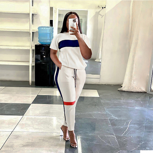 Striped Patchwork Sporty T Shirts and Pants Suits SH-390282