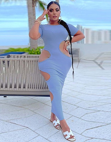Sleeveless O Neck Solid Hollow Out Plus Size Dresses OSS-22199