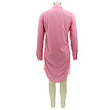 Long Sleeve Drawstring Ruched Button Shirt Dress HANI-078