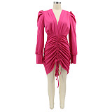 Deep V Neck Puff Sleeve Ruched Drawstring Dresses HANI-076