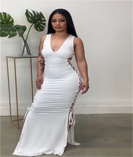 Solid Sleeveless Bodycon Side Cut Out Lace Up Dress ZAND-31196