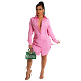 Long Sleeve Drawstring Ruched Button Shirt Dress HANI-078