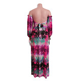 Print Off Shoulder Crop Tops+High Slit Maxi Skirts Set CN-353