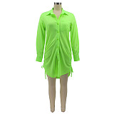 Long Sleeve Drawstring Ruched Button Shirt Dress HANI-078