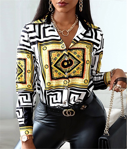 Classic Print Turn Down Collar Long Sleeve Shirts Blouse OYW-20650