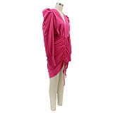 Deep V Neck Puff Sleeve Ruched Drawstring Dresses HANI-076