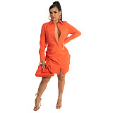 Long Sleeve Drawstring Ruched Button Shirt Dress HANI-078