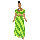 Striped Short Sleeve Crop Top and Long Maxi Skirt Set JLY-19312