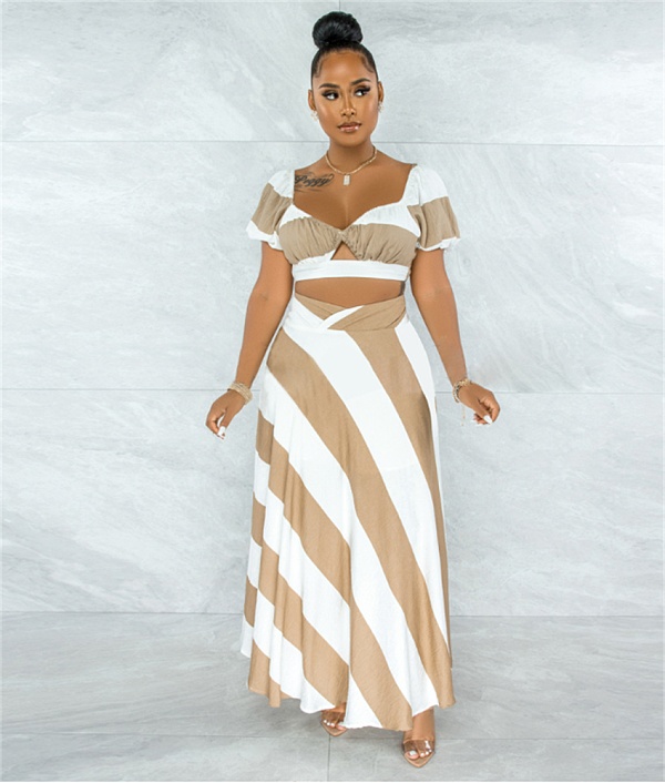 Striped Short Sleeve Crop Top and Long Maxi Skirt Set JLY-19312