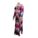 Print Off Shoulder Crop Tops+High Slit Maxi Skirts Set CN-353