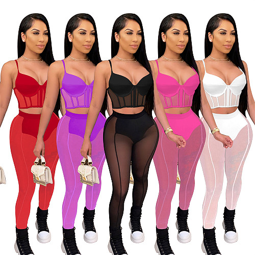 Sheer Mesh Patchwork Crop Top Leggings 2 PCS FOS-8210
