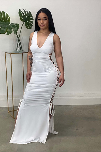 Solid Sleeveless Bodycon Side Cut Out Lace Up Dress ZAND-31196