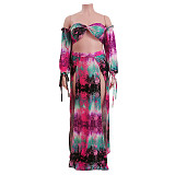 Print Off Shoulder Crop Tops+High Slit Maxi Skirts Set CN-353