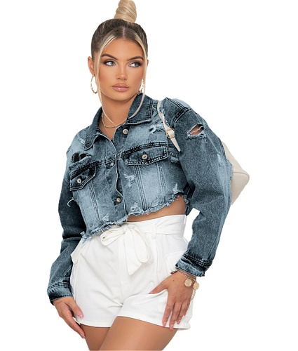 Frayed Ripped Hole Denim Bombers Jacket LX-3526