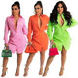 Long Sleeve Drawstring Ruched Button Shirt Dress HANI-078