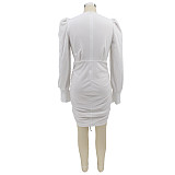 Deep V Neck Puff Sleeve Ruched Drawstring Dresses HANI-076