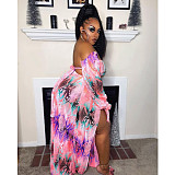 Print Off Shoulder Crop Tops+High Slit Maxi Skirts Set CN-353