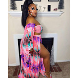 Print Off Shoulder Crop Tops+High Slit Maxi Skirts Set CN-353