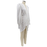 Deep V Neck Puff Sleeve Ruched Drawstring Dresses HANI-076