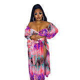 Print Off Shoulder Crop Tops+High Slit Maxi Skirts Set CN-353