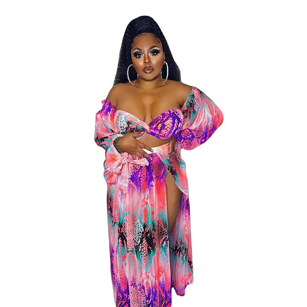 Print Off Shoulder Crop Tops+High Slit Maxi Skirts Set CN-353
