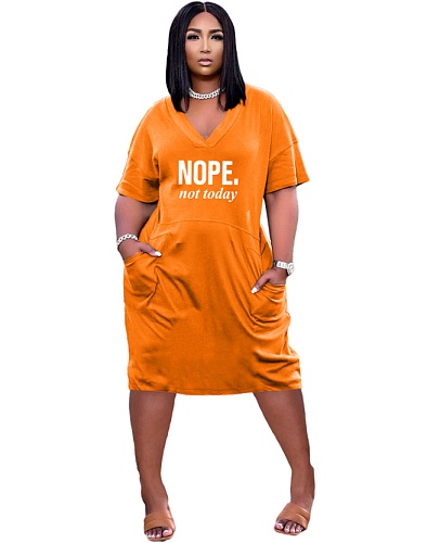 Plus Size V-Neck Short Sleeve Loose Pocket Dresses TK-6221