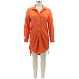 Long Sleeve Drawstring Ruched Button Shirt Dress HANI-078